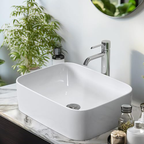 EMKE Waschbecken Aufsatzwaschbecken 50 × 38 × 15 cm, Mini Waschbecken Eckig Handwaschbecken, Keramik Aufsatzbecken für Badezimmer Gäste WC Waschschale Waschplatz Waschtisch Weiß von EMKE