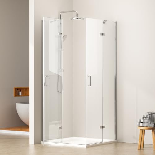 EMKE Duschkabine 80x80 cm Eckeinstieg Pendeltür mit Seitenwand, Duschabtrennung Duschtür Falttür Faltbar Drehfalttür Eckeinstieg Duschkabinen, 5mm Duschwand Glas Faltdusche Höhe 195 cm von EMKE