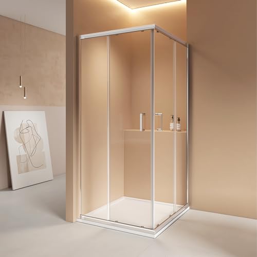 EMKE Duschkabine 80x80x195cm Eckeinstieg Duschschiebetür Eckduschkabine Doppel Schiebetür Design Sicherheitsglas Duschabtrennung Chrom Duschtür von EMKE