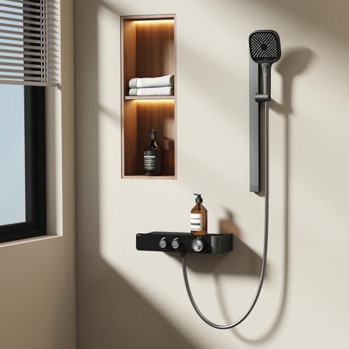 EMKE Duschsäule Thermostat, Matt Anthrazit, Einstellbarer Wasserdurchfluss, Separates Minimalistisches Design, Handbrause 3 Funktionen, Kleines Badezimmer Duschset von EMKE