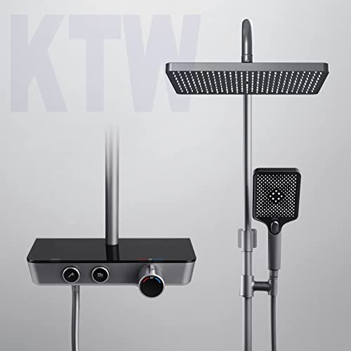 EMKE Duschset mit Thermostat, Duschsystem Dusche Regendusche Set Handbrause mit 3 Strahlstärken, Duschsäuleset Duschgarnitur mit glasablage,KTW Zertifizieren Duschsystem mit Thermostat, Anthrazit Matt von EMKE