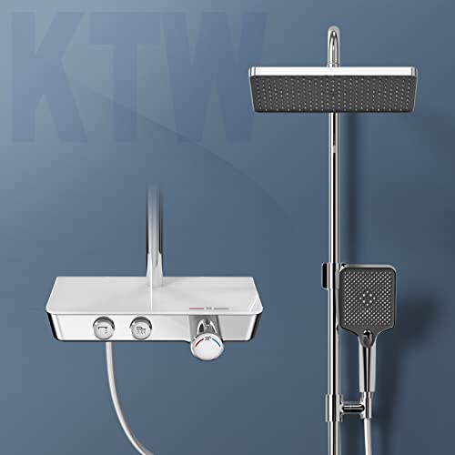 EMKE Duschset mit Thermostat, Duschsystem Dusche Regendusche Set Handbrause mit 3 Strahlstärken, Duschsäuleset Duschgarnitur mit glasablage,KTW Zertifizieren Duschsystem mit Thermostat, Chrom von EMKE