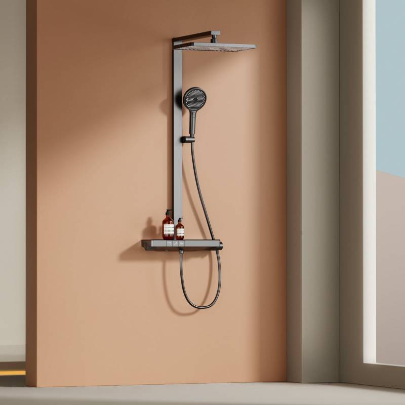 EMKE Duschsystem „F11“ – Thermostat-Duschpaneel mit Glasablage, 3 Strahlarten, Regendusche & Handbrause, 105×40,1×57,3 cm, anthrazit matt von EMKE