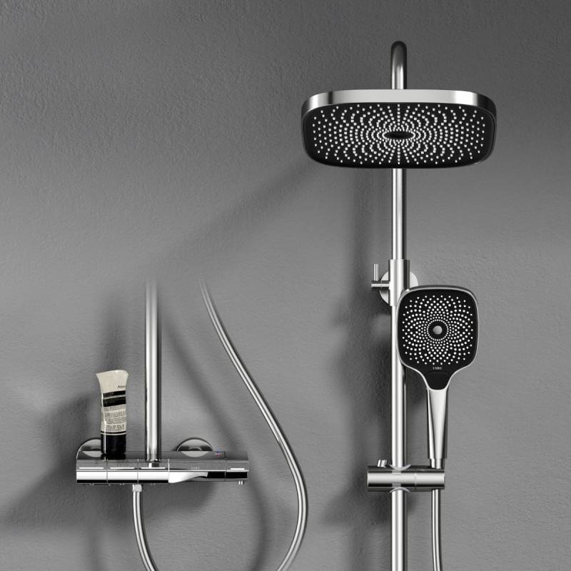 EMKE Duschsystem „F12“ – Thermostat-Duschset mit 260x260 mm Kopfbrause, Handbrause & Einhebelsteuerung, Aufputz, Chrom von EMKE