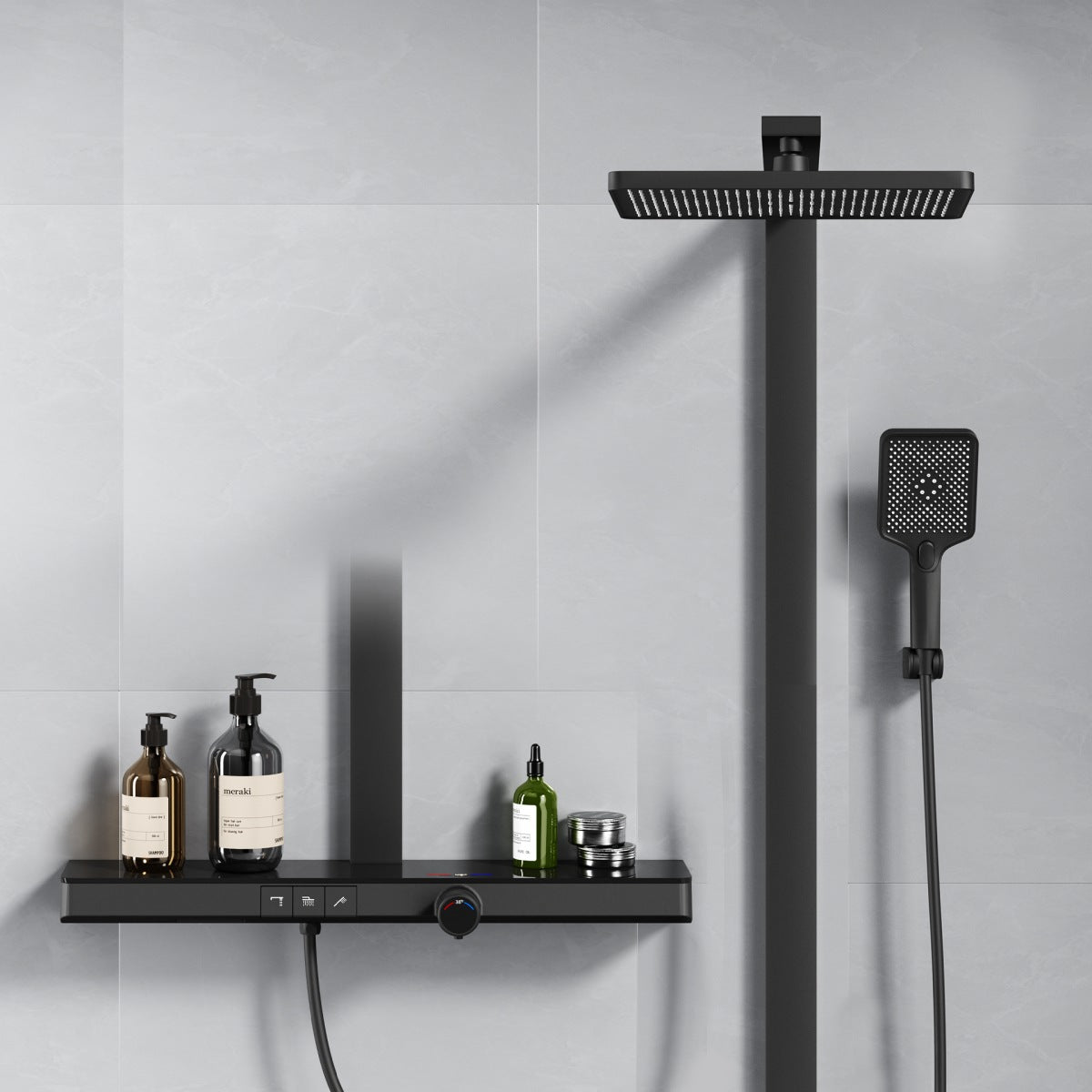 Duschsystem mit Thermostat, großer Glasablage & 3-strahliger Handbrause – Schwarz matt Duschsystem mit Thermostat, großer Glasablage & 3-strahliger Handbrause – Schwarz matt von EMKE