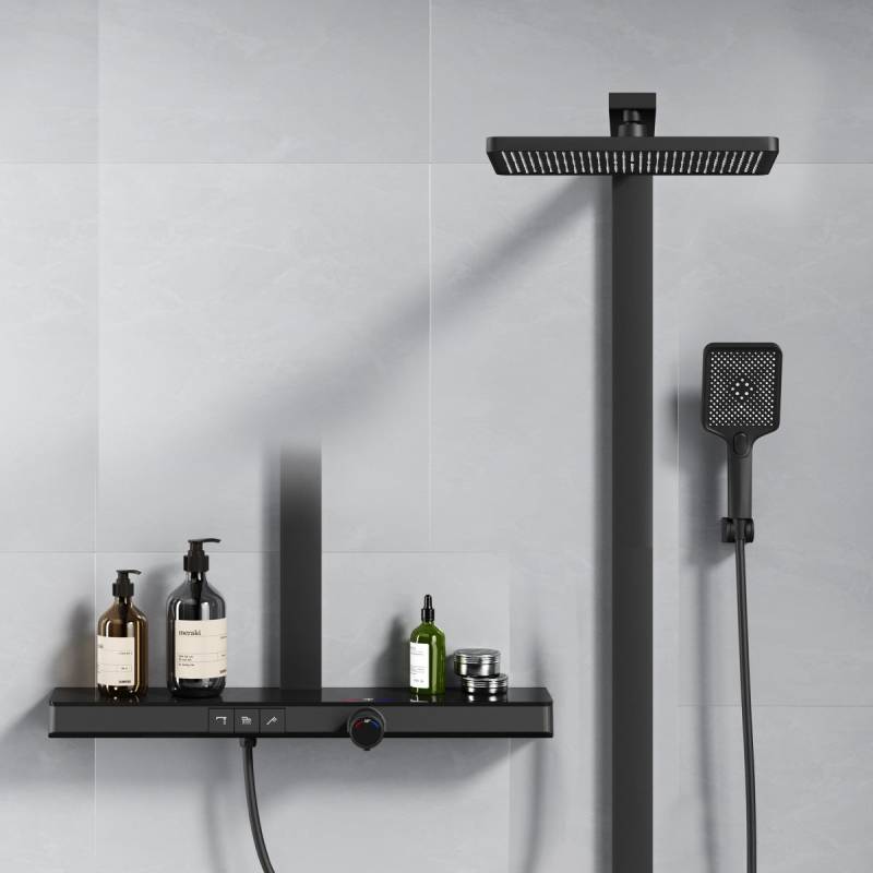 Duschsystem mit Thermostat, großer Glasablage & 3-strahliger Handbrause – Schwarz matt Duschsystem mit Thermostat, großer Glasablage & 3-strahliger Handbrause – Schwarz matt von EMKE