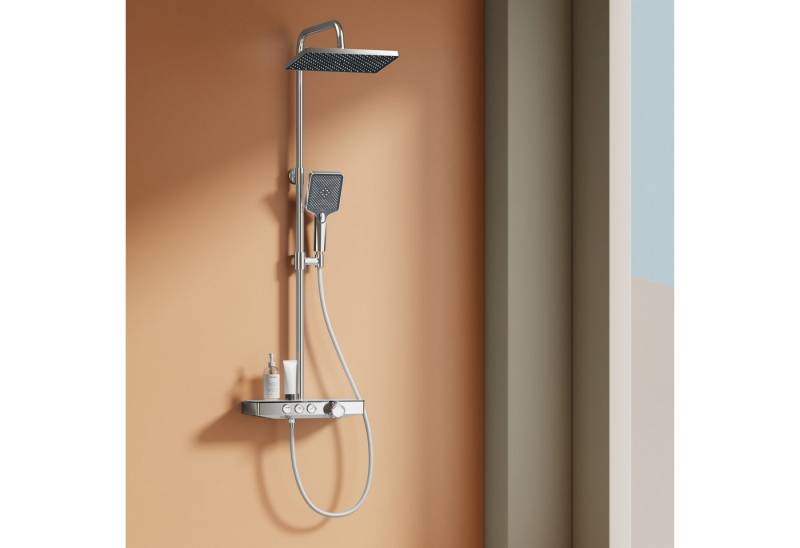EMKE Duschsystem 30x20cm Regenduschset mit 45cm Ablage Thermostat Duschsystem Chrom, 3 Strahlart(en), Höhe 118 cm,45cm Thermostatische Platte,Duschset mit Kopfbrause von EMKE