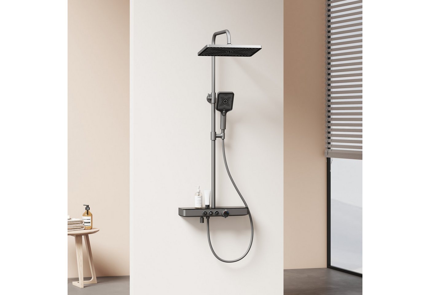 EMKE Duschsystem mit Thermostat Regendusche Komplettset mit Thermostat und Duscharmatur, Höhe 85 cm, 3 Strahlart(en), mit Ablage und Kopfbrause, Farbe: nthrazit Matt/Chrom/Weiß von EMKE