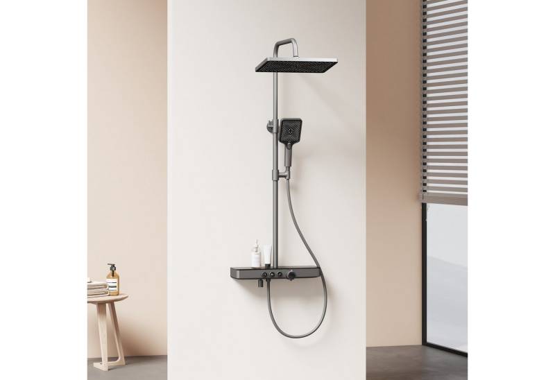 EMKE Duschsystem mit Thermostat Regendusche Komplettset mit Thermostat und Duscharmatur, Höhe 85 cm, 3 Strahlart(en), mit Ablage und Kopfbrause, Farbe: nthrazit Matt/Chrom/Weiß von EMKE
