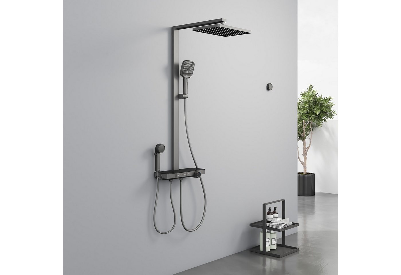 EMKE Duschsystem Duschsäule mit Thermostat und Bluetooth-Steuerung, modernes Design, Höhe 113 cm, 4 Strahlart(en), Regendusche,Kinderdusche,Bluetooth,Anthrazit Matt von EMKE