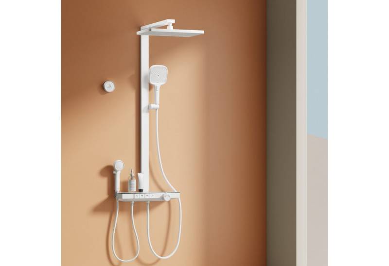 EMKE Duschsystem Brausegarnitur mit Thermostat Bluetooth-Steuerung Entwässerung, Höhe 113 cm, 4 Strahlart(en), Regendusche,Kinderdusche,Bluetooth,Weiß von EMKE