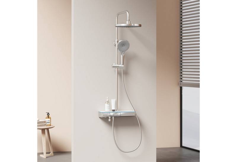 EMKE Duschsystem Regenschauerduschkopf und Handbrause mit Ablage Thermostat Duschsäule, 3 Strahlart(en), Stangenbrause-Set Home Thermostat Duschset mit Duschstange von EMKE