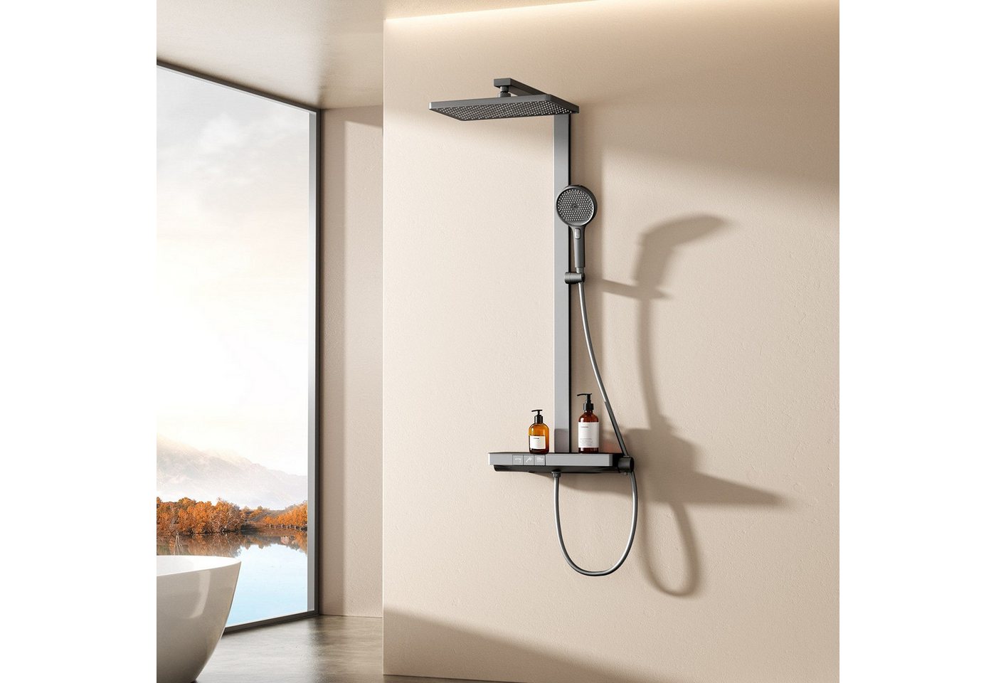 EMKE Duschsystem Duschset Thermostat-Set Regendusche Duschsystem 36×24cm mit Glasablage, 4 Strahlart(en), Set, Klaviertaste, Duschset Höhe 72 cm, verstellbare Brausestange,Matt-Anthrazit von EMKE