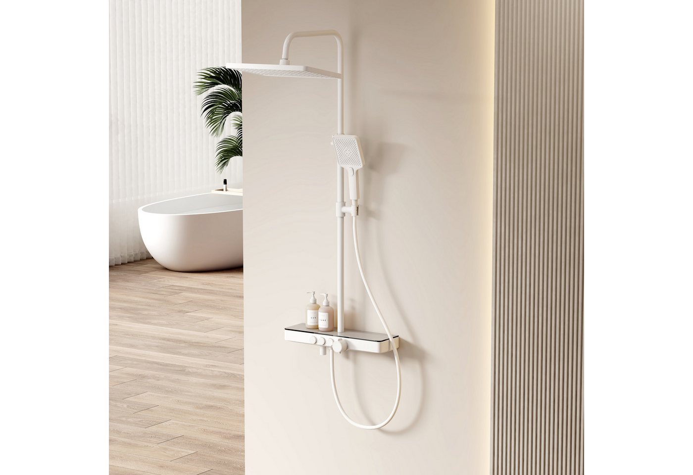 EMKE Duschsystem Duschsystem mit 38℃ Thermostat Glasablage Handbrause Regendusche, 3 Strahlart(en), Wasserauslass Verbrühungsschutz,Wandmontage,Duschamaturenset,Weiß von EMKE