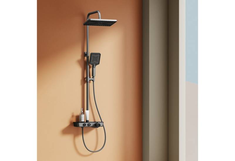 EMKE Duschsystem 20x30cm eckig Regenduschset mit Kopfbrause,mit Thermostat 38℃, Höhe 82 cm, 3 Strahlart(en), Wasserfall-Auslauf, Duschsäuleset Duschgarnitur mit glasablage von EMKE