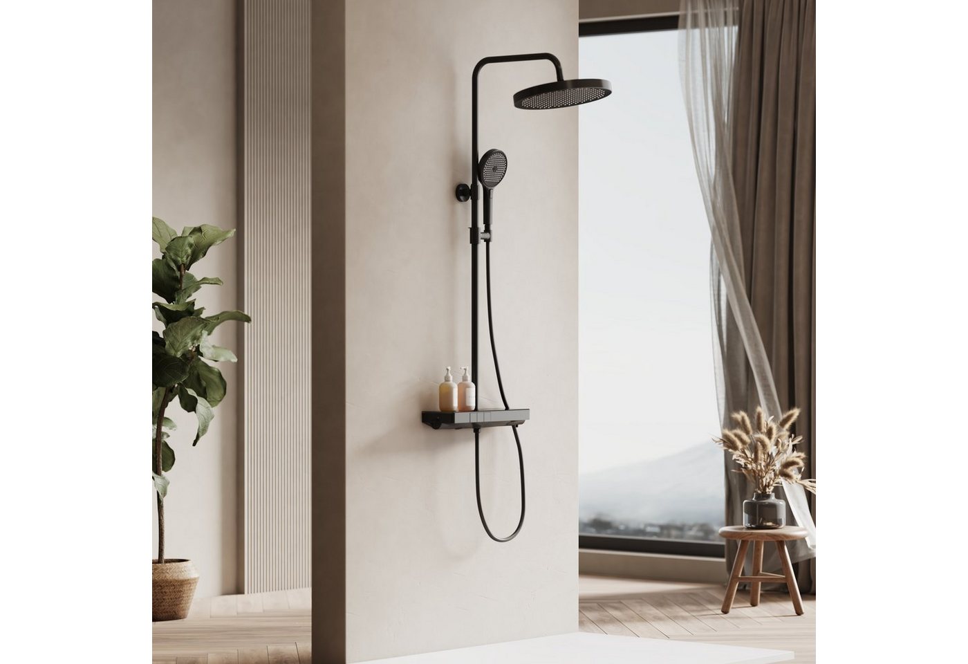 EMKE Duschsystem Duschset mit Thermostat 38℃,32cm Runde Regenduschset,mit Kopfbrause, Höhe 83 cm, 3 Strahlart(en), set, Brauseschlauch mit Verdrehschutz, verstellbare Höhe Duschstange,3F-Funktion,ABS-Gehäuse,1.5 m Schlauch von EMKE