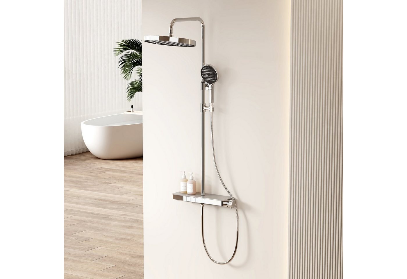 EMKE Duschsystem 38℃ Thermostat Duschset mit 40cm Thermostatische Platt mit Kopfbrause, Höhe 83 cm, 3 Strahlart(en), Brausestange, Handbrause, 32cm Runde Regenduschset,mit 1.5 m Schlauch von EMKE