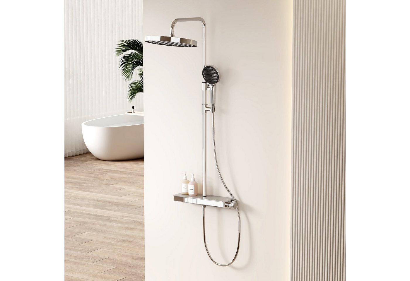 EMKE Duschsystem Thermostat Duschset mit 40cm Thermostatische Platt, Höhe 83 cm, 3 Strahlart(en), Brausestange, Handbrause, Regendusche, Wasserauslass von EMKE