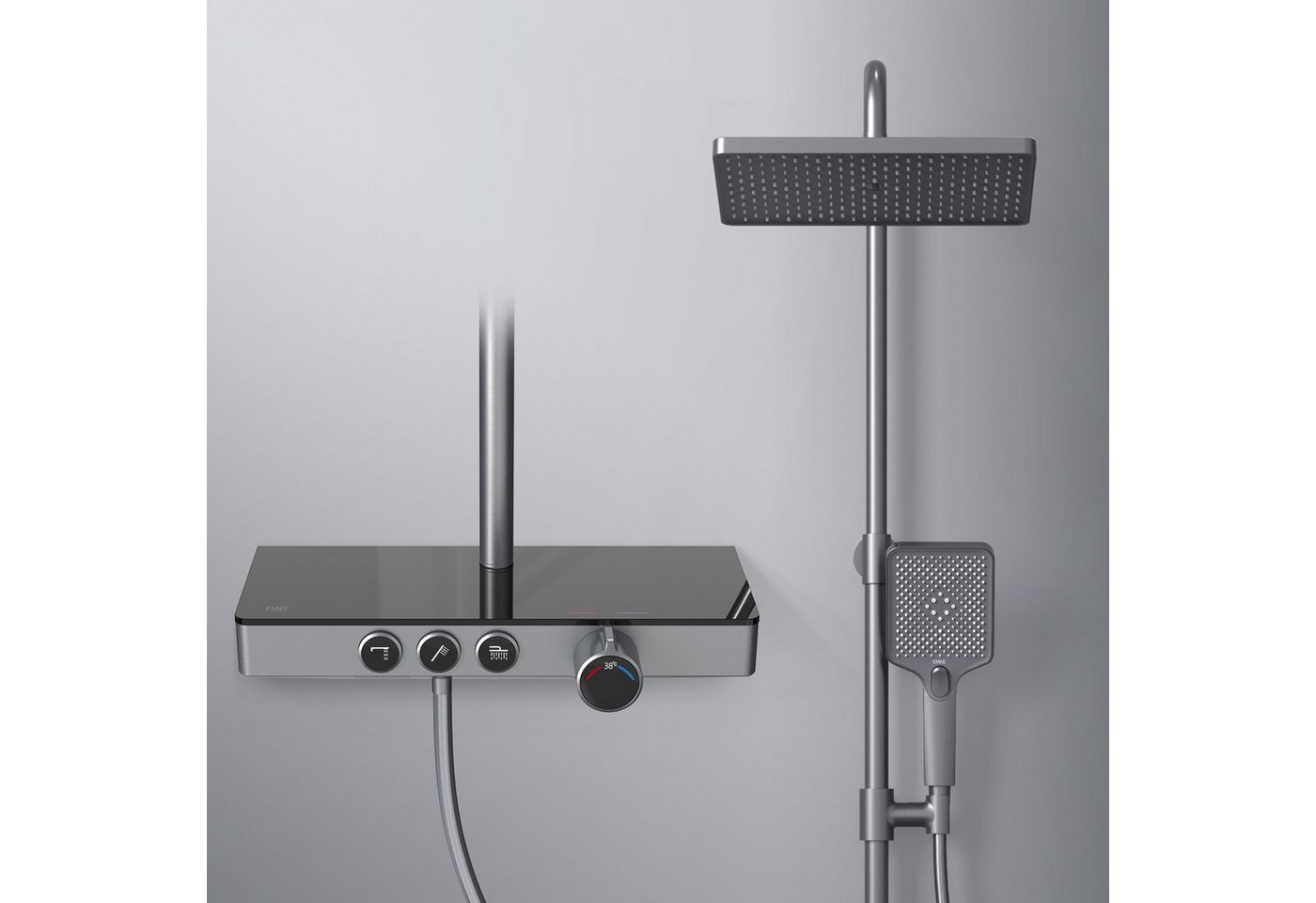 EMKE Duschsystem eckig Regenduschset mit Kopfbrause,mit Thermostat 38℃, Höhe 112 cm von EMKE