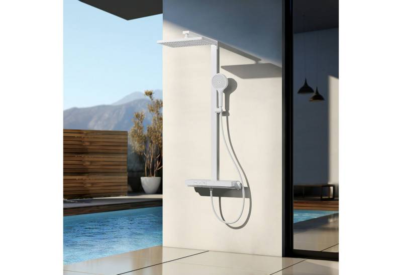 EMKE Duschsystem mit 40cm Glas Thermostat Ablage Home Duschstange aus Messing Set, Höhe 110 cm, 4 Strahlart(en), Set, Brauseschlauch,Thermostat mit Brausegarnitur und Kopfbrause, Regendusche mit Handbrause und 1,5 m Schlauch DuschsäuleSet von EMKE