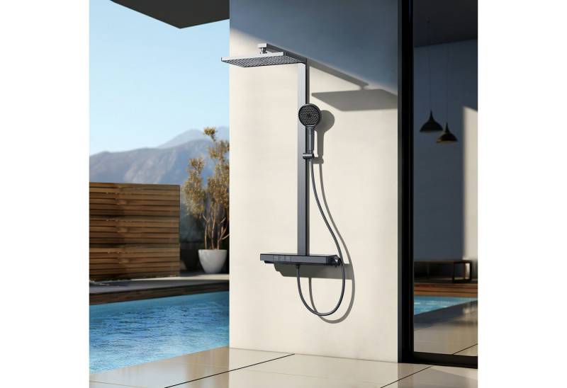 EMKE Duschsystem mit 40cm Glas Thermostat Ablage Home Duschstange aus Messing Set, Höhe 110 cm, 4 Strahlart(en), Set, Brauseschlauch,Thermostat mit Brausegarnitur und Kopfbrause, Regendusche mit Handbrause und 1,5 m Schlauch DuschsäuleSet von EMKE