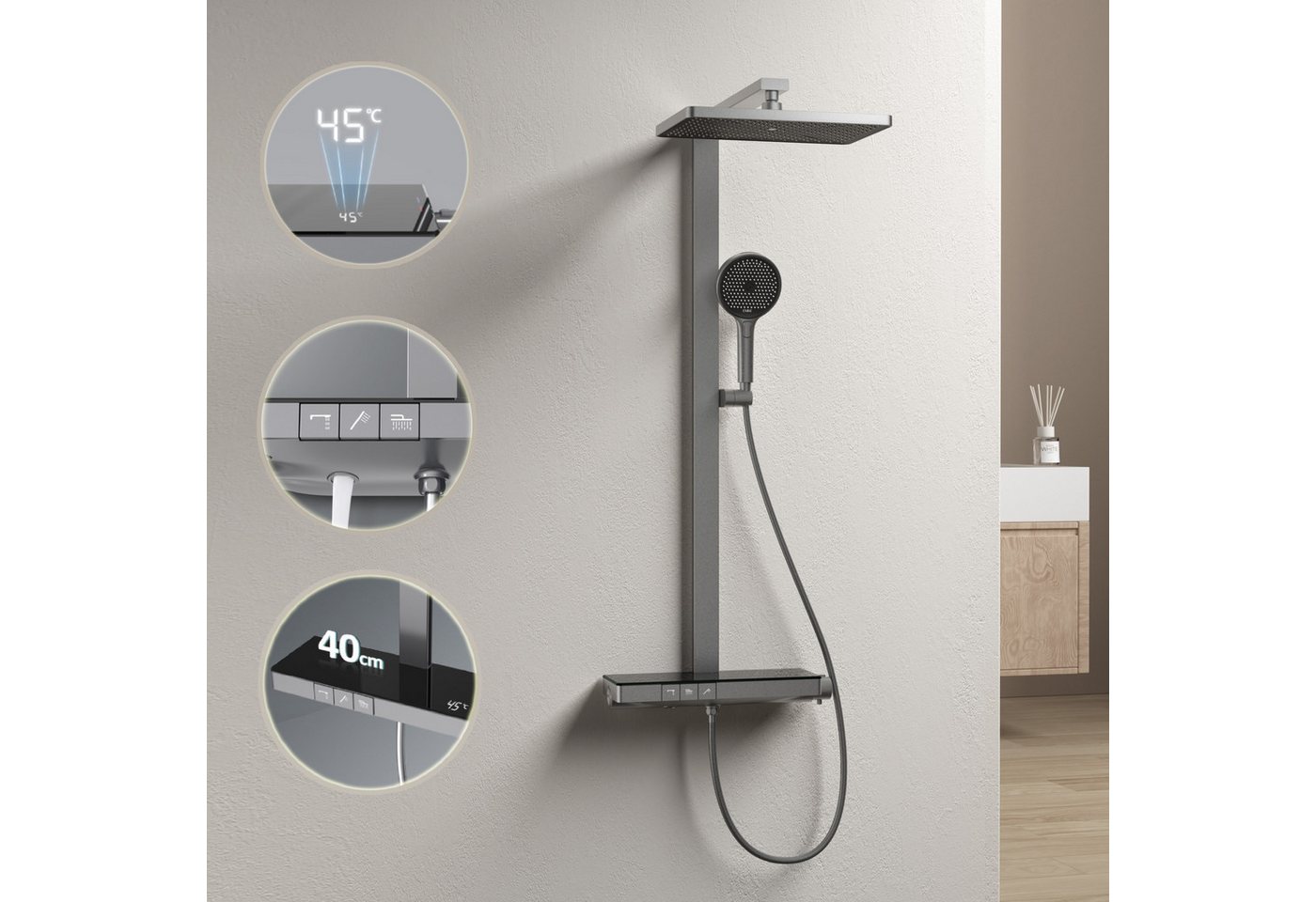 EMKE Duschsystem mit 40cm Glas Thermostat Ablage Home Duschstange aus Messing Set, Höhe 110 cm, 4 Strahlart(en), Set, Brauseschlauch,Thermostat mit Brausegarnitur und Kopfbrause, Regendusche mit Handbrause und 1,5 m Schlauch DuschsäuleSet von EMKE