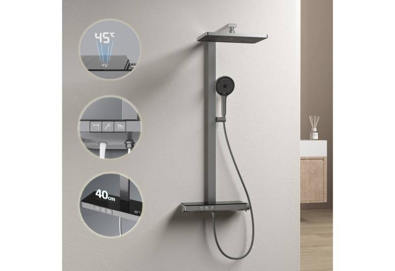 EMKE Duschsystem mit 40cm Glas Thermostat Ablage Home Duschstange aus Messing Set, Höhe 110 cm, 4 Strahlart(en), Set, Brauseschlauch,Thermostat mit Brausegarnitur und Kopfbrause, Regendusche mit Handbrause und 1,5 m Schlauch DuschsäuleSet von EMKE