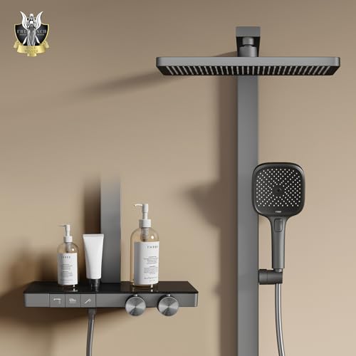 EMKE Duschsystem mit Thermostat, Anthrazit Matt, Einstellbarer Durchfluss Duschsystem Regendusche, 36x24 cm Regendusche, 4-Strahl Handbrause, inkl. Brausestange und Schlauch von EMKE