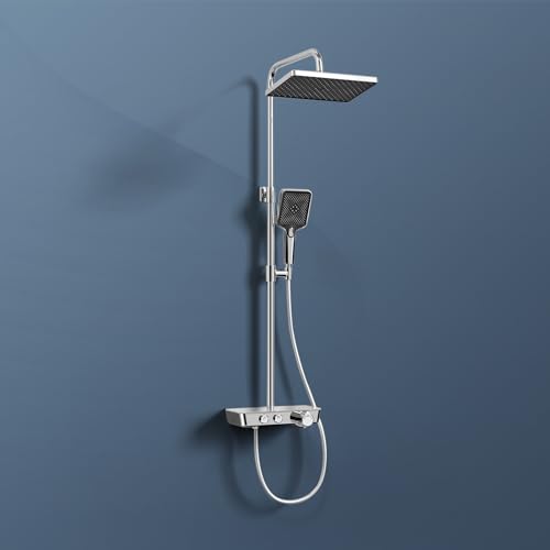 EMKE Duschsystem mit Thermostat, Duscharmatur Komplettset mit Regendusche, Thermostat Duschsäulese Handbrause mit 3 Strahlstärken, KTW Zertifizieren Brauseset mit Glasablage, Chrom EMKE Duschsystem mit Thermostat, Duscharmatur Komplettset mit Regendusche, Thermostat Duschsäulese Handbrause mit 3 Strahlstärken, KTW Zertifizieren Brauseset mit Glasablage, Chrom von EMKE