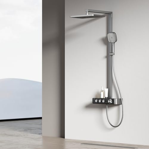 EMKE Duschsystem mit Thermostat, Regendusche Duschsystem Anthrazit Matt, mit großer 36x24 cm Regendusche, 3 Strahlarten Handbrause, Brausestange und Schlauch,Duscharmatur Komplettset von EMKE