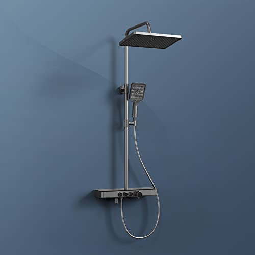 EMKE Duschsystem mit Thermostat, Regendusche Duschsystem mit 36x24cm Regenduschkopf, Brauseset mit Glasablage, Duschset mit Handbrause 3 Strahlarten, KTW-Zertifizierung, Anthrazit Matt von EMKE