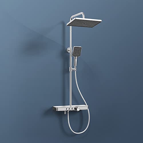 EMKE Duschsystem mit Thermostat, Regendusche Duschsystem mit 36x24cm Regenduschkopf, Brauseset mit Glasablage, Duschset mit Handbrause 3 Strahlarten, KTW-Zertifizierung, Chrom von EMKE