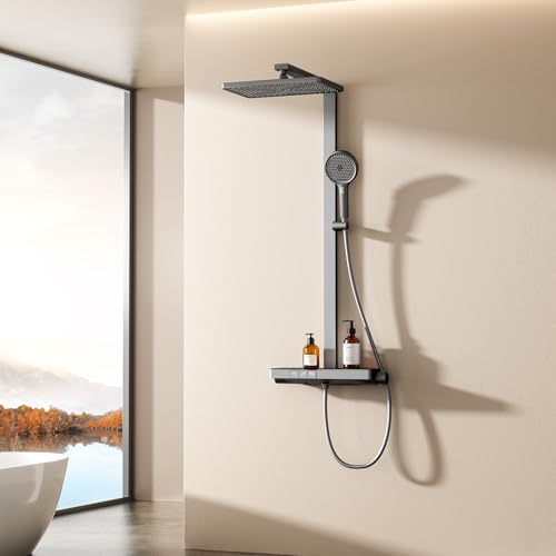 EMKE Duschsystem mit Thermostat – 36 x 24 cm Regendusche mit Armatur, Duschsystem mit 40 cm Glasablage & Handbrause (4 Strahlarten), höhenverstellbar, Anthrazit Matt, ohne LED-Digitalanzeige von EMKE
