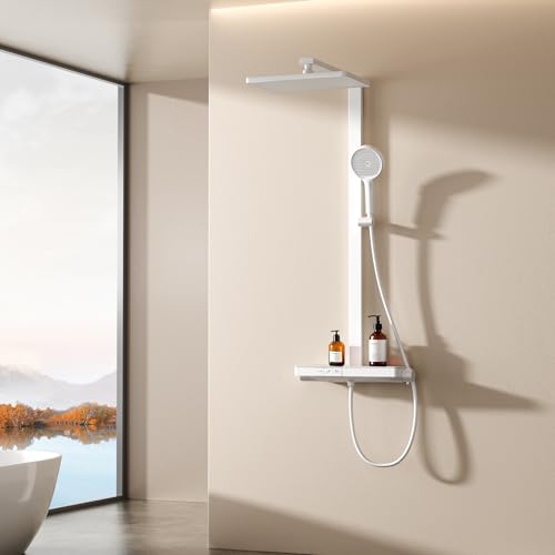 EMKE Duschsystem mit Thermostat – 36 x 24 cm Regendusche mit Armatur, Duschsystem mit 40 cm Glasablage & Handbrause (4 Strahlarten), höhenverstellbar, Weiß Matt, ohne LED-Digitalanzeige von EMKE