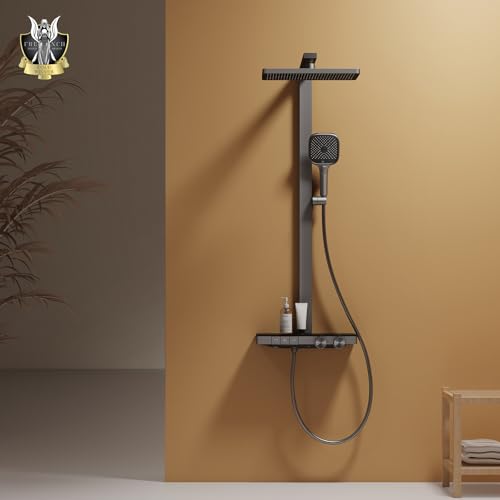 EMKE Duschsystem mit Thermostat 38℃, Regendusche Duschsystem mit Handbrause 4 Strahlarten, Einstellbarer Durchfluss Brauseset mit 36x24cm Regendusche, KTW-Zertifizierung Duschset, Anthrazit Matt von EMKE