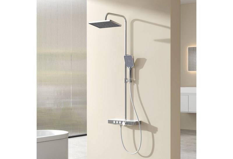 EMKE Duschsystem mit Thermostat 38℃ eckig Regenduschset und Kopfbrause Duschset Chrom, 3 Strahlart(en), höhenverstellbar,mit 45cm Thermostatische Platte,Duschset von EMKE