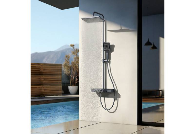 EMKE Duschsystem mit Thermostat 38℃ eckig Regenduschset und Kopfbrause Duschset Chrom, 3 Strahlart(en), höhenverstellbar,mit 45cm Thermostatische Platte,Duschset von EMKE