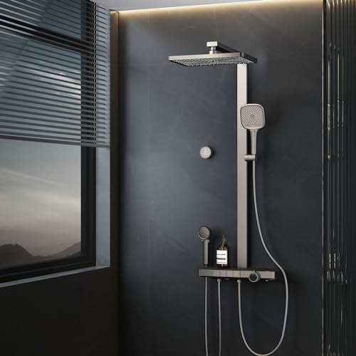 EMKE Duschsystem mit Thermostat 40 cm LED-Anzeige Glasablage, Regendusche Duschsystem mit Elternteil und Kind Handbrause, Einfach Install Duschsystem, KTW Zertifizierung Duschset, Anthrazit Matt von EMKE