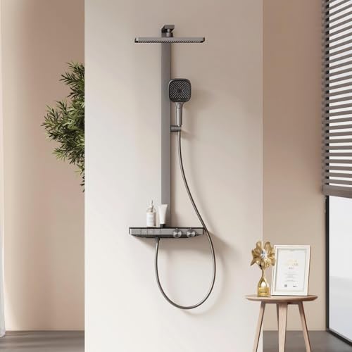 EMKE Duschsystem mit Thermostat Anthrazit Matt, Duschsystem mit Großer Regendusche (36x24 cm), Duschsystem Regendusche mit 4-Strahlarten Handbrause, Einstellbarer Durchfluss Duschset, KTW-Zertifiziert von EMKE