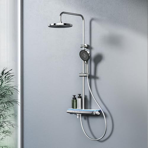 EMKE Duschsystem mit Thermostat Chrom mit LED-Beleuchtung Duschsystem Regendusche, mit 3 Strahlarten Handbrause + Regendusche mit Armatur + Bodennaher Wasserstrahl, Einfache Installation von EMKE