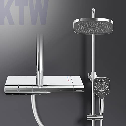 EMKE Duschsystem mit Thermostat Duschset Duschsäuleset mit Brausestange, Handbrause mit 3 Strahlstärken, Regendusche Duschset, Duscharmatur mit thermostat,Duschsystem,Chrom von EMKE