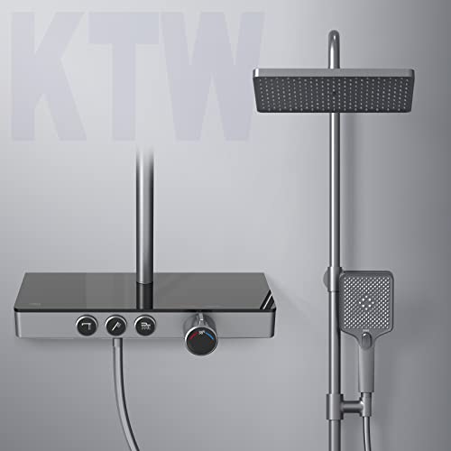 EMKE Duschsystem mit Thermostat KTW-Zertifizierung Duschset, 45cm Thermostatische Platte,Handbrause 3 Strahlarten,Regendusche mit Armatur, Duschsystem Anthrazit Matt von EMKE