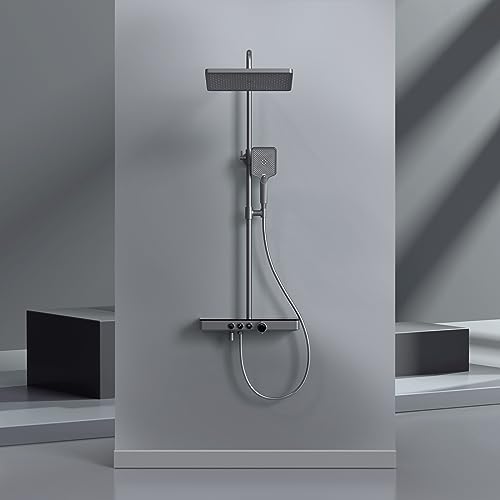 EMKE Duschsystem mit Thermostat Regendusche Duschset, Regendusche mit Armatur,Duschsystem Regendusche, 45cm Thermostatische Platte, Handbrause 3 Strahlarten,Duschamaturenset Regendusche,Anthrazit Matt von EMKE