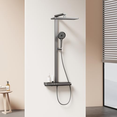 EMKE Duschsystem mit Thermostat Regendusche mit Thermostat Handbrause mit 4 Strahlstärken, Brauseset mit 36x24cm Regenduschkopf, Regendusche mit Glasablage, KTW-Zertifiziert, Anthrazit Matt von EMKE