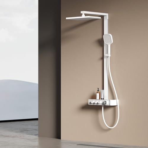 EMKE Duschsystem mit Thermostat Weiß Matt, Duscharmatur Komplettset, Regendusche mit Armatur inkl. großer 36x24 cm Regendusche 3 Strahlarten Handbrause, Brausestange und Schlauch EMKE Duschsystem mit Thermostat Weiß Matt, Duscharmatur Komplettset, Regendusche mit Armatur inkl. großer 36x24 cm Regendusche 3 Strahlarten Handbrause, Brausestange und Schlauch von EMKE