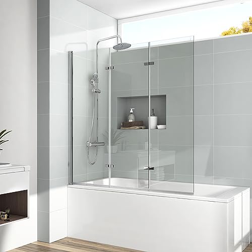 EMKE Duschtrennwand für Badewanne 120x140 cm, 3-teilig Faltbar Duschwand für Badewanne Duschwand Badewannen, Duschabtrennung Badewanne 6mm Sicherheitsglas Badewannenaufsatz von EMKE