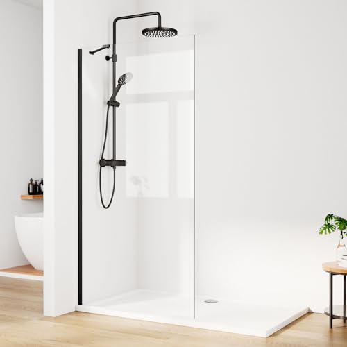 EMKE Duschwand 80 cm Walk In Dusche Duschtrennwand für Badewanne Duschabtrennung Duschtür Schwarz Duschwand 8 mm NANO einfach-Reinigung Beschichtung Glas Duschglaswand Höhe 195cm von EMKE