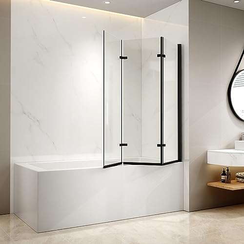 EMKE Duschwand für Badewanne 130x140 cm, Schwarz Duschtrennwand für Badewanne 3-teilig Faltbar, Badewannenaufsatz 6mm NANO-GLAS Duschabtrennung Badewanne Duschwand Glaswand von EMKE