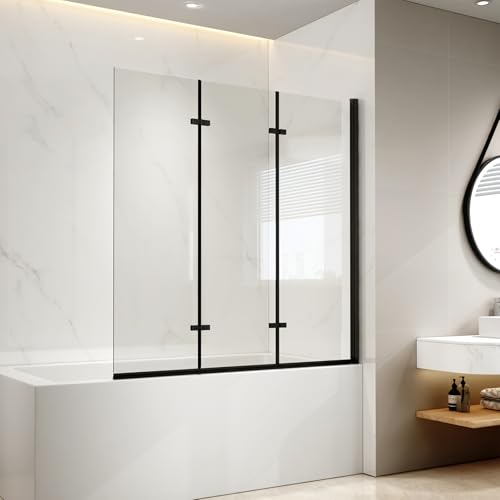 EMKE Duschwand für Badewanne 130x140 cm Schwarz, Badewannenaufsatz 3-teilig Faltbar Badewanne Duschwand, Duschtrennwand für Badewanne Badewannenfaltwand 6 mm Sicherheitsglas Duschabtrennung Badewanne von EMKE