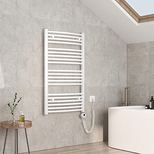 EMKE Elektrischer Handtuchheizkörper 100 x 60 cm, Gebogen Badheizkörper Elektrisch mit Thermostat Handtuchwärmer Handtuchtrockner Elektrischer Handtuchhalter mit Heizstab Weiß 500 Watt von EMKE
